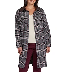 Ruby Rd. Petite Size Basket Weave Brushed Plaid Faux Leather Collar Long Sleeve Button Front Jacket