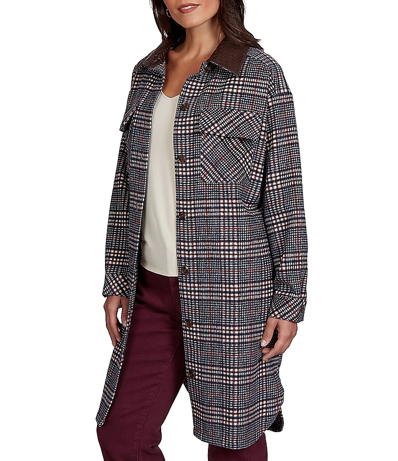Ruby Rd. Petite Size Basket Weave Brushed Plaid Faux Leather Collar Long Sleeve Button Front Jacket