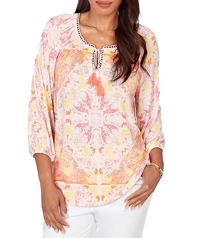 Ruby Rd. Petite Size Bohemian Embroidered Split V-Neck 3/4 Sleeve Tapestry Print Tassel Tie Blouse