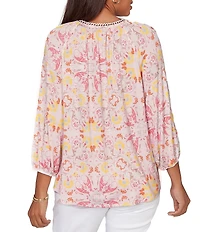 Ruby Rd. Petite Size Bohemian Embroidered Split V-Neck 3/4 Sleeve Tapestry Print Tassel Tie Blouse