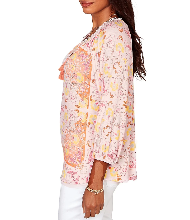 Ruby Rd. Petite Size Bohemian Embroidered Split V-Neck 3/4 Sleeve Tapestry Print Tassel Tie Blouse