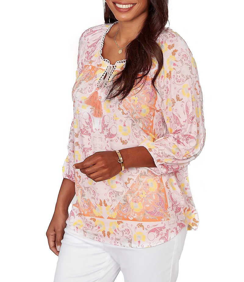 Ruby Rd. Petite Size Bohemian Embroidered Split V-Neck 3/4 Sleeve Tapestry Print Tassel Tie Blouse