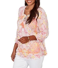 Ruby Rd. Petite Size Bohemian Embroidered Split V-Neck 3/4 Sleeve Tapestry Print Tassel Tie Blouse