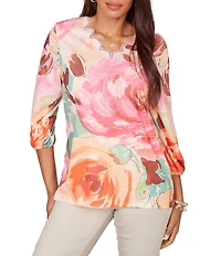 Ruby Rd. Petite Size Bold Floral Scalloped V-Neck 3/4 Sleeve Oversized Knit Top