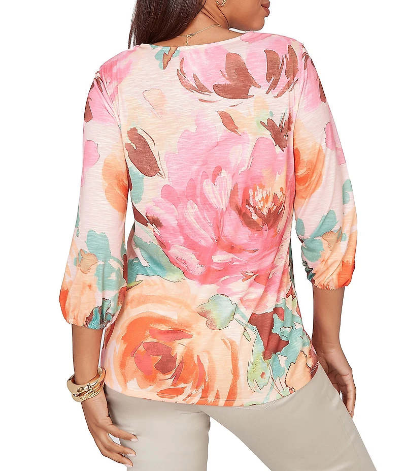 Ruby Rd. Petite Size Bold Floral Scalloped V-Neck 3/4 Sleeve Oversized Knit Top