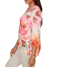 Ruby Rd. Petite Size Bold Floral Scalloped V-Neck 3/4 Sleeve Oversized Knit Top