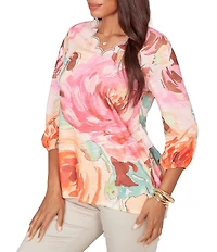 Ruby Rd. Petite Size Bold Floral Scalloped V-Neck 3/4 Sleeve Oversized Knit Top