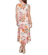 Ruby Rd. Petite Size Bold Floral V-Neck Sleeveless Tiered A-Line Midi Pull-On Dress