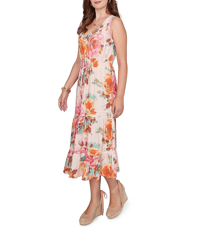 Ruby Rd. Petite Size Bold Floral V-Neck Sleeveless Tiered A-Line Midi Pull-On Dress