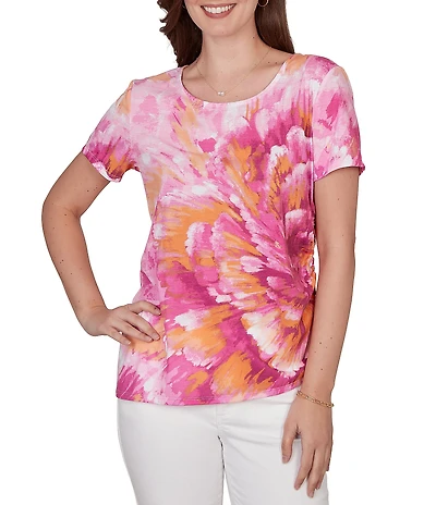 Ruby Rd. Petite Size Bold Watercolor Floral Scoop Neck Short Sleeve Side Shirring Tee Top