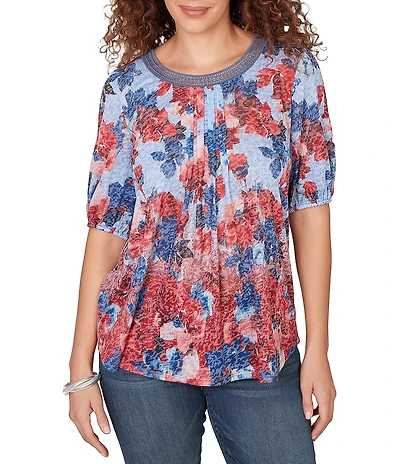 Ruby Rd. Petite Size Burnout Jersey Knit Floral Scoop Lace Trim Neck Elbow-Length Sleeve Top
