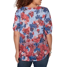 Ruby Rd. Petite Size Burnout Jersey Knit Floral Scoop Lace Trim Neck Elbow-Length Sleeve Top