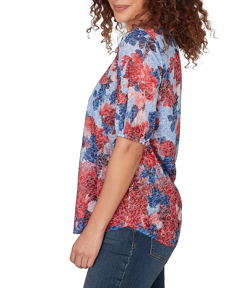 Ruby Rd. Petite Size Burnout Jersey Knit Floral Scoop Lace Trim Neck Elbow-Length Sleeve Top