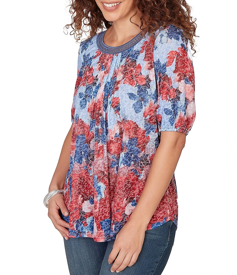 Ruby Rd. Petite Size Burnout Jersey Knit Floral Scoop Lace Trim Neck Elbow-Length Sleeve Top