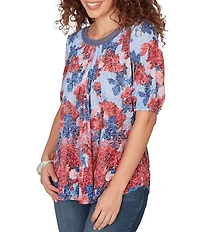 Ruby Rd. Petite Size Burnout Jersey Knit Floral Scoop Lace Trim Neck Elbow-Length Sleeve Top