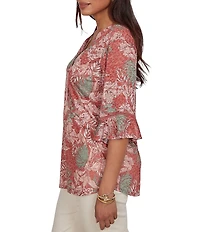 Ruby Rd. Petite Size Burnout Jersey Tropical Floral Henley Collar Elbow Length Flutter Sleeve Top