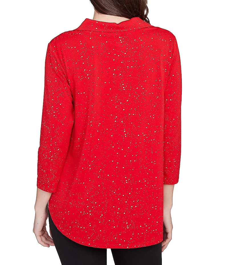 Ruby Rd. Petite Size Collared 3/4 Sleeve Dotted Golden Dew Drops Knit Shirt