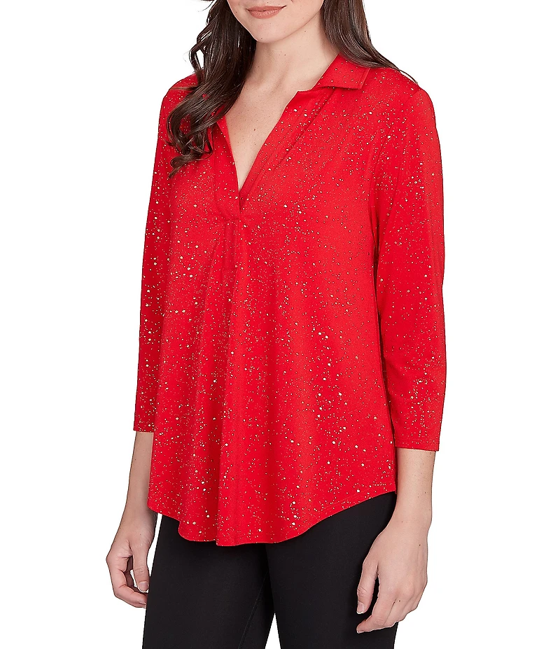 Ruby Rd. Petite Size Collared 3/4 Sleeve Dotted Golden Dew Drops Knit Shirt