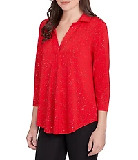 Ruby Rd. Petite Size Collared 3/4 Sleeve Dotted Golden Dew Drops Knit Shirt