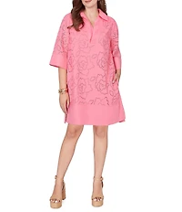 Ruby Rd. Petite Size Collared Neck 3/4 Sleeve Floral Eyelet Shift Dress