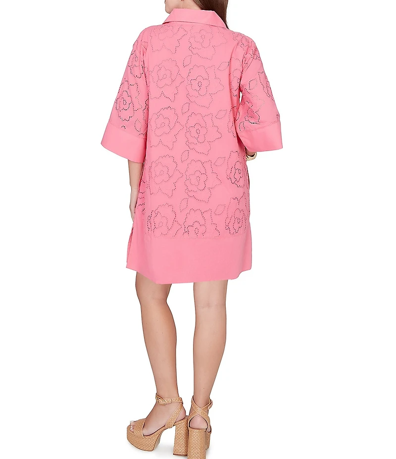 Ruby Rd. Petite Size Collared Neck 3/4 Sleeve Floral Eyelet Shift Dress