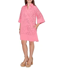 Ruby Rd. Petite Size Collared Neck 3/4 Sleeve Floral Eyelet Shift Dress