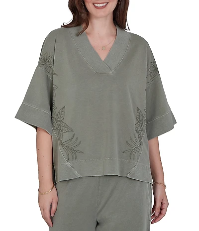 Ruby Rd. Petite Size Coordinating Snow-Washed French Terry Floral Embroidered V-Neck Elbow Sleeve Top