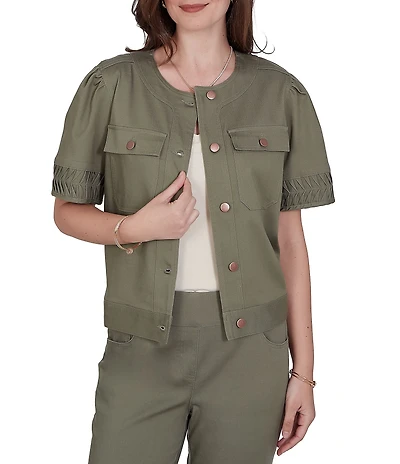 Ruby Rd. Petite Size Coordinating Tencel Denim Crew Neck Short Sleeve Pleated Trim Utility Jacket