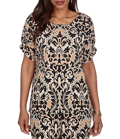 Ruby Rd. Petite Size Coordinating Textured Woven Modern Damask Scoop Neck Short Sleeve Top