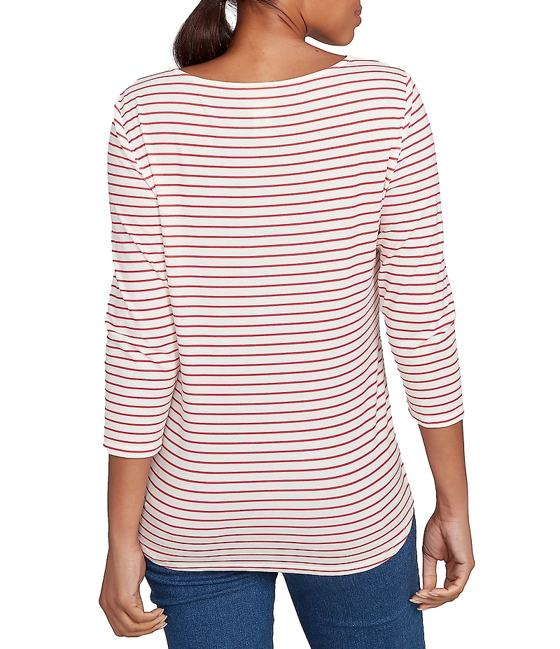 Ruby Rd. Petite Size Cotton Blend Boat Neck 3/4 Sleeve Stripe Christmas Truck Top