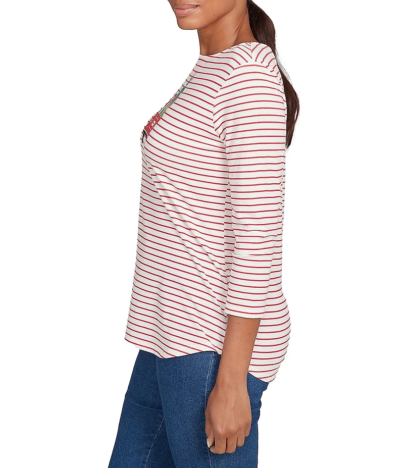 Ruby Rd. Petite Size Cotton Blend Boat Neck 3/4 Sleeve Stripe Christmas Truck Top