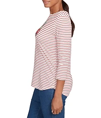 Ruby Rd. Petite Size Cotton Blend Boat Neck 3/4 Sleeve Stripe Christmas Truck Top