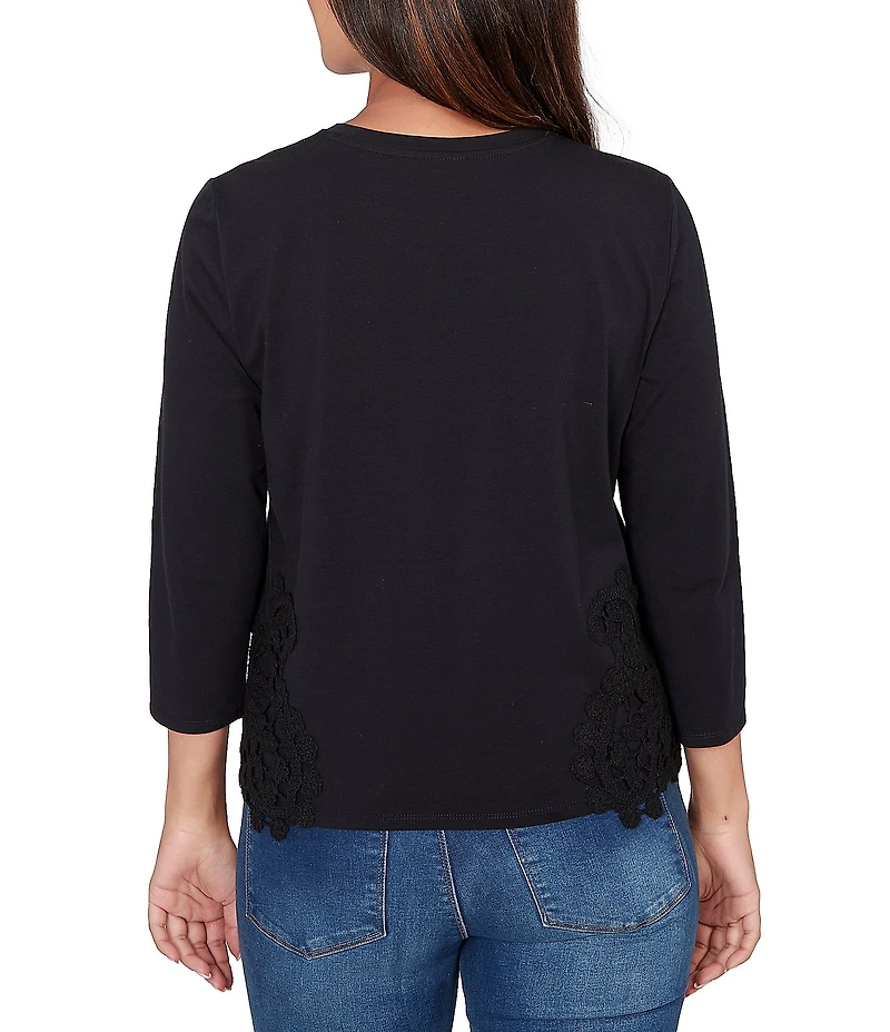 Ruby Rd. Petite Size Cotton-Blend Knit Crew Neck 3/4 Sleeve Lace Applique Top