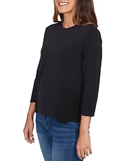 Ruby Rd. Petite Size Cotton-Blend Knit Crew Neck 3/4 Sleeve Lace Applique Top