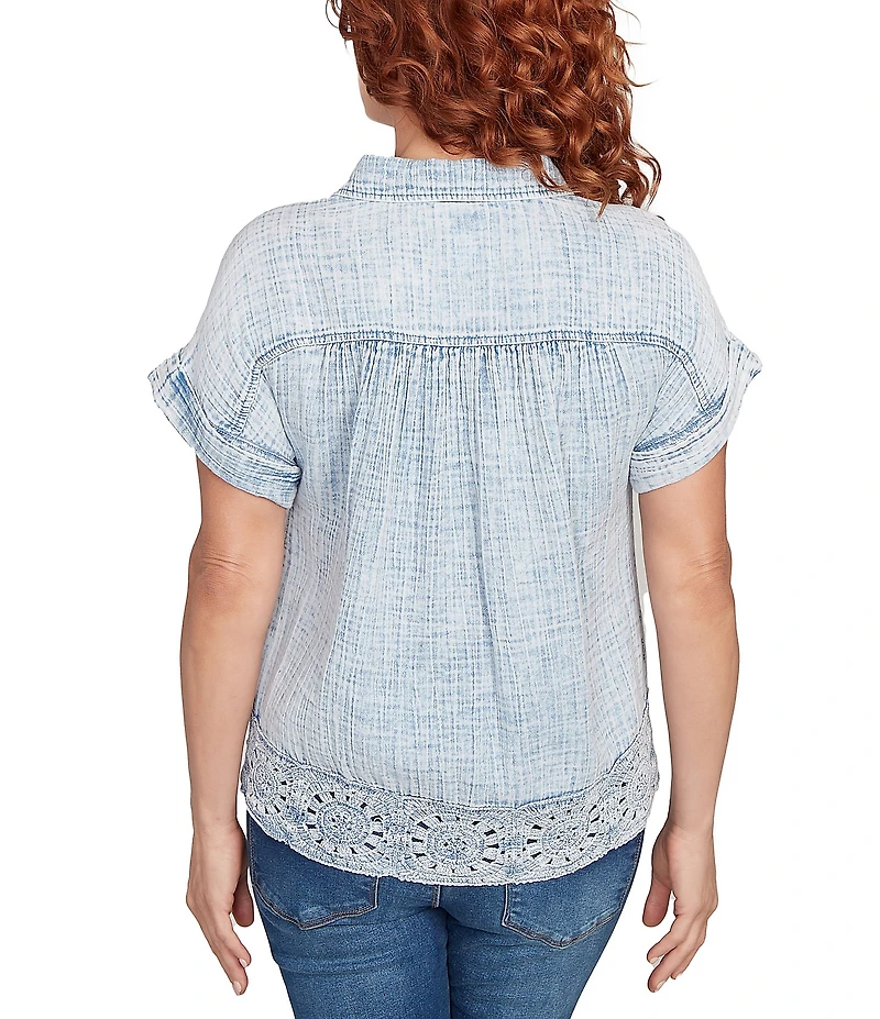 Ruby Rd. Petite Size Cotton Gauze Crochet Point Collar Short Rolled Cuff Sleeve Shirt