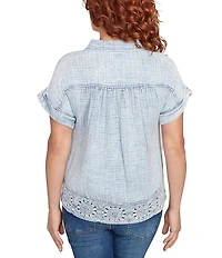 Ruby Rd. Petite Size Cotton Gauze Crochet Point Collar Short Rolled Cuff Sleeve Shirt