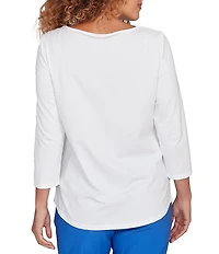 Ruby Rd. Petite Size Cotton Jersey Bella Vista Crew Neck 3/4 Sleeve Tee