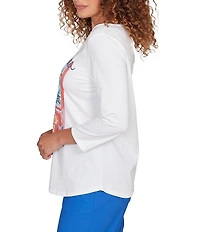 Ruby Rd. Petite Size Cotton Jersey Bella Vista Crew Neck 3/4 Sleeve Tee