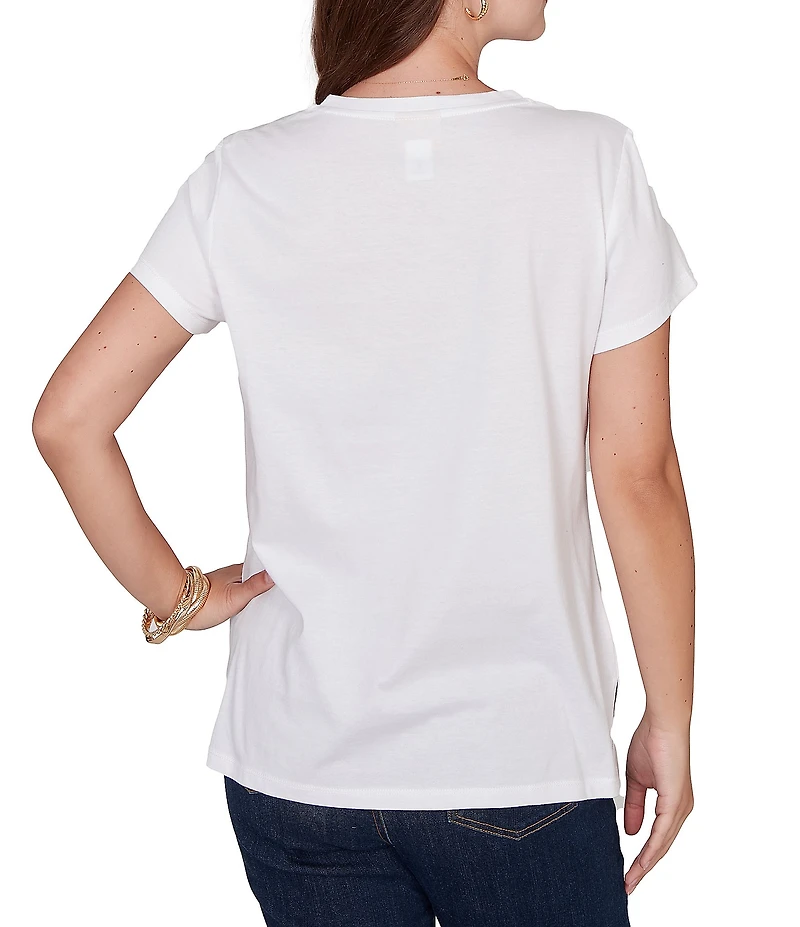 Ruby Rd. Petite Size Cotton Jersey Knit Sequin Beaded Postcard Print V-Neck Short Sleeve Tee