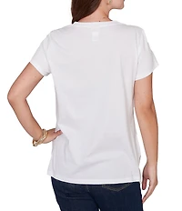 Ruby Rd. Petite Size Cotton Jersey Knit Sequin Beaded Postcard Print V-Neck Short Sleeve Tee