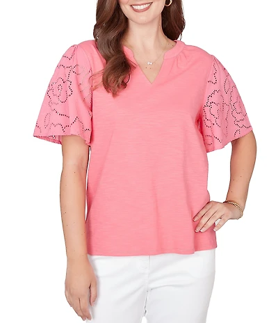 Ruby Rd. Petite Size Cotton Jersey Knit Split V-Neck Short Eyelet Sleeve Top