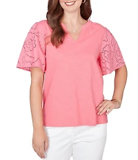 Ruby Rd. Petite Size Cotton Jersey Knit Split V-Neck Short Eyelet Sleeve Top