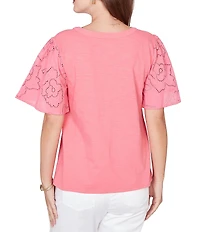 Ruby Rd. Petite Size Cotton Jersey Knit Split V-Neck Short Eyelet Sleeve Top