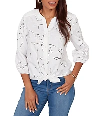 Ruby Rd. Petite Size Cotton Poplin Allover Eyelet Button Front Tie Hem Blouse