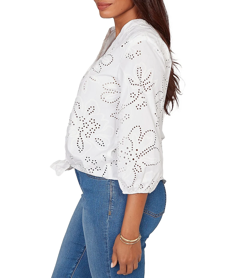 Ruby Rd. Petite Size Cotton Poplin Allover Eyelet Button Front Tie Hem Blouse