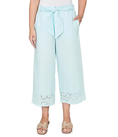 Ruby Rd. Petite Size Cotton Poplin Floral Eyelet Pull-On Coordinating Belted Pants