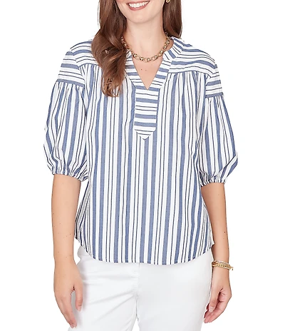 Ruby Rd. Petite Size Cotton Poplin Spliced Stripe Split V-Neck Elbow Sleeve Top