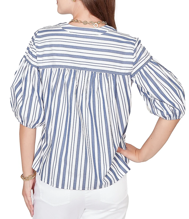 Ruby Rd. Petite Size Cotton Poplin Spliced Stripe Split V-Neck Elbow Sleeve Top