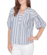 Ruby Rd. Petite Size Cotton Poplin Spliced Stripe Split V-Neck Elbow Sleeve Top