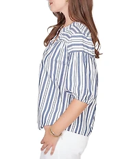Ruby Rd. Petite Size Cotton Poplin Spliced Stripe Split V-Neck Elbow Sleeve Top